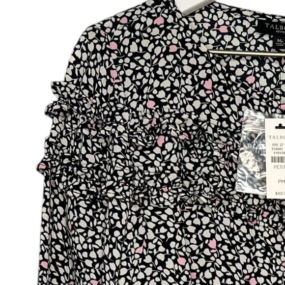 Talbots Petite Tulip Floral Ruffle Blouse size MP Black White Pink 3/4 Sleeve - Picture 2 of 7